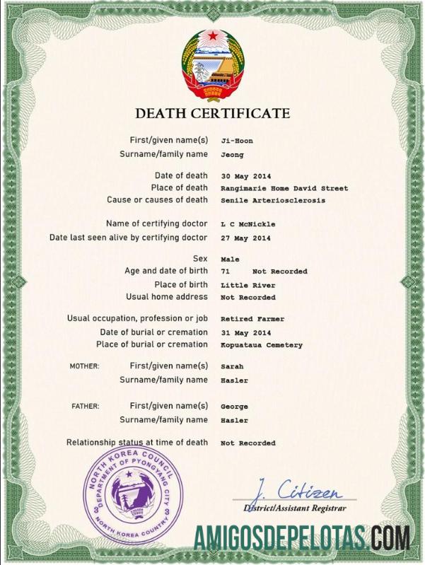 Realista modelo PSD de certidão de óbito da Coreia do Norte